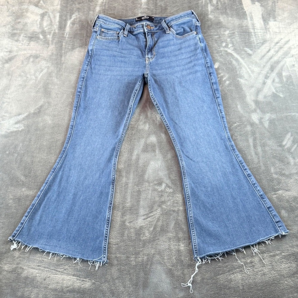 Hollister High-Rise Flare Jeans Medium Wash Raw Hem Womens 8R W29 Blue Denim